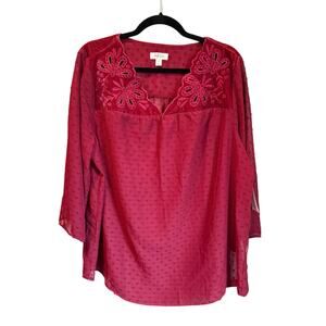 Style and Co Red Embroidered Swiss Dot Blouse 1X